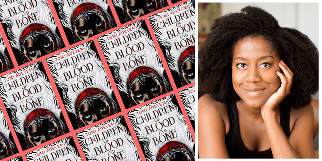 Image of writer, Adeyemi, next to the cover of Children of Blood and Bone