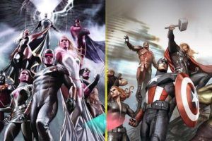 (left) X-Men comic cover group shot centering Cyclops. (Right) Avengers comic cover group shot centering Captain America