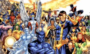 two-page spread of hundreds of X-Men