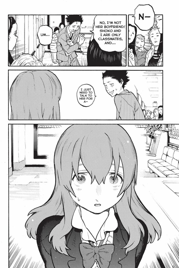 A page from the manga. Shoya is defending Shoko from a group of classmates