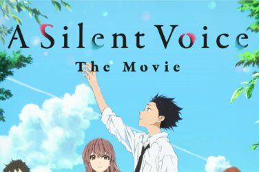 Movie poster for A Silent Voice. Shoko stands in the middle, raising his hand to the sky, Shoya stands next to him. they are surrounded by other students going about their day.