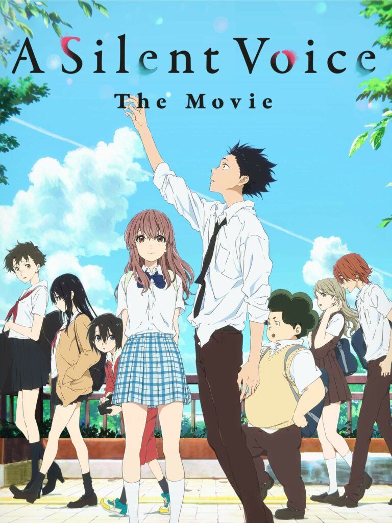 Movie poster for A Silent Voice. Shoko stands in the middle, raising his hand to the sky, Shoya stands next to him. they are surrounded by other students going about their day.