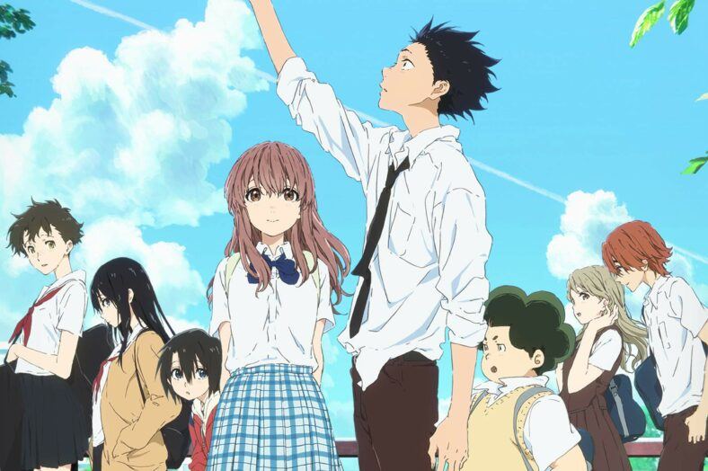 Movie poster for A Silent Voice. Shoko stands in the middle, raising his hand to the sky, Shoya stands next to him. they are surrounded by other students going about their day.