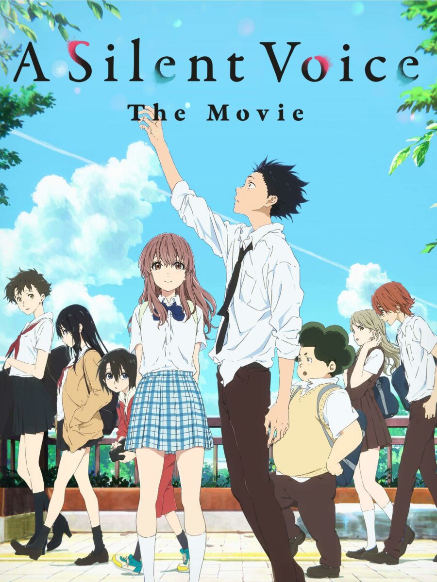 Movie poster for A Silent Voice. Shoko stands in the middle, raising his hand to the sky, Shoya stands next to him. they are surrounded by other students going about their day.