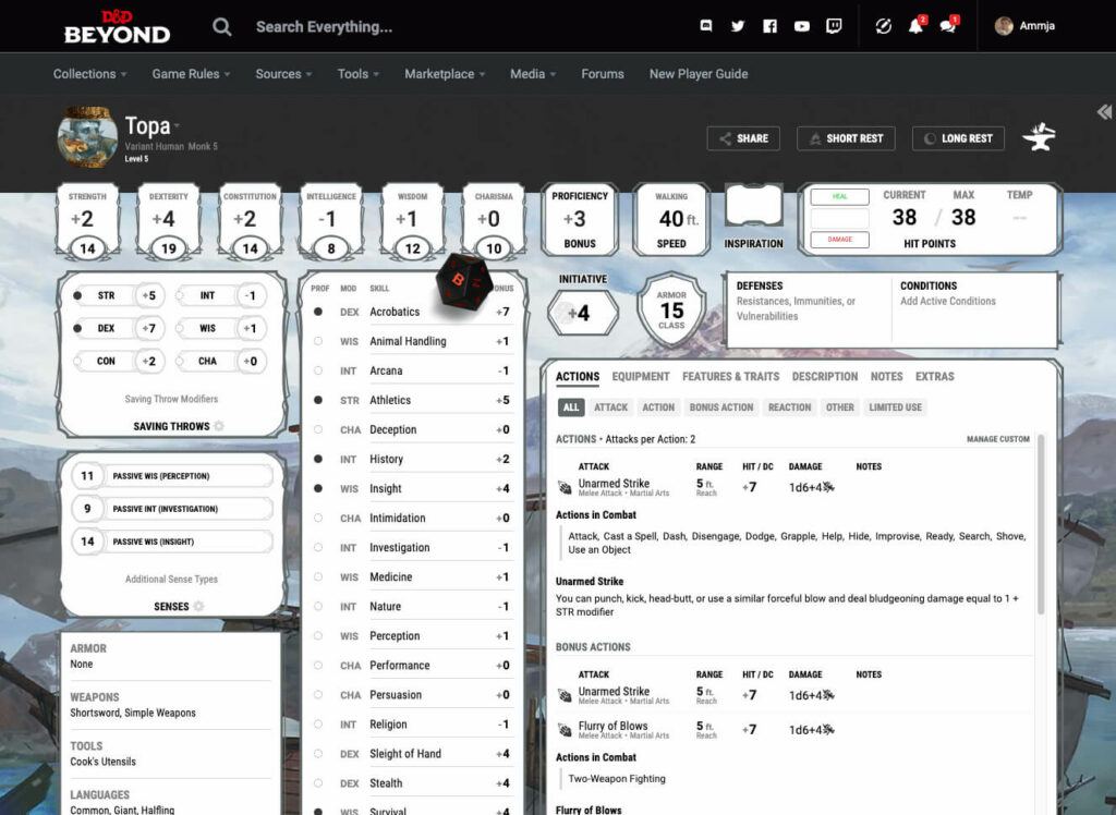 An example character sheet on the popular TTRPG site Dndbeyond.com including their edice.