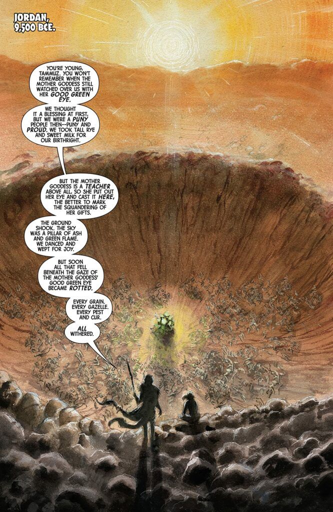 Panel from Immortal Hulk: Time of Monsters. Two primitive humans at the edge of a large crater. In the middle of the crater is a giant, glowing, green meteor surrounded by hundreds of skeletons.