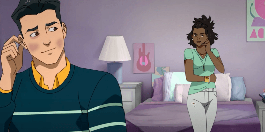 Invincible scene: A beaten up Mark smiling as he leaves Ambers room. Amber signals to call her later 