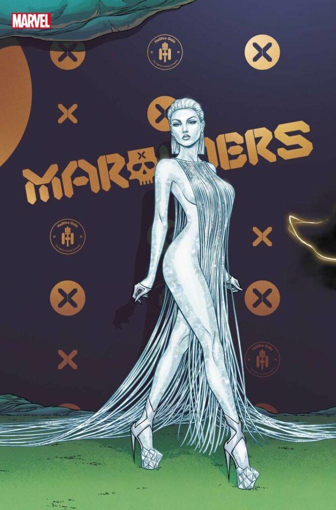 Hellfire Gala: White Queen Emma Frost in diamond form with spaghetti thin dress down front and back covered in crystals