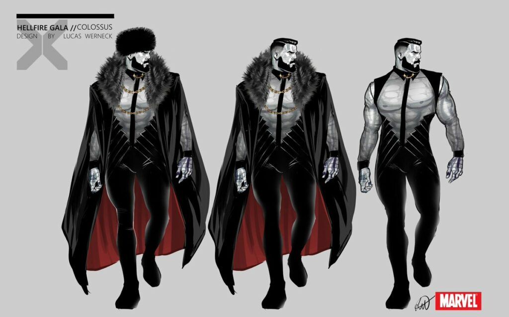 Hellfire Gala Colossus with beard, Russian jacket, chest out and black pants and shoulder straps