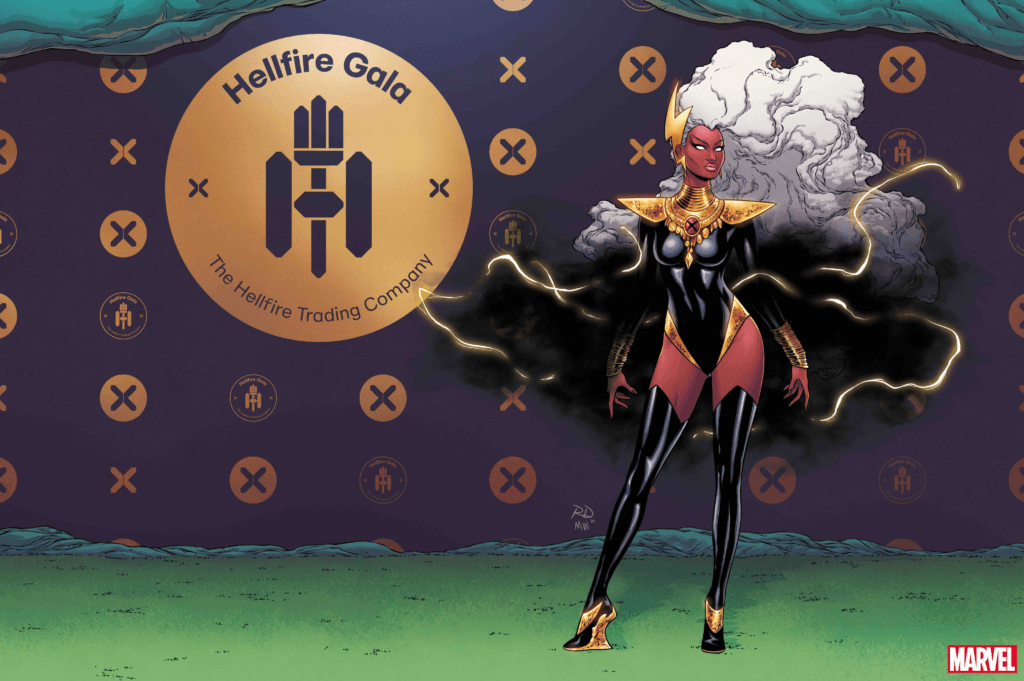 Hellfire Gala: Storm with her hair natural and wavy looking like a cloud, in a black body suit, heels, and a thundercloud as a shall 