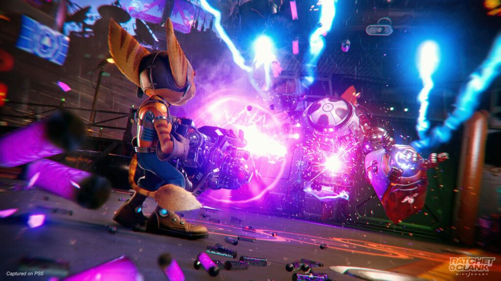 A combat scene with some stunning pink electric explosions from a new gun.