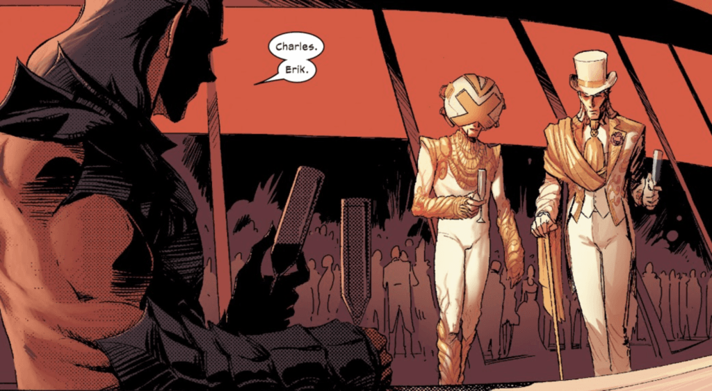 Hellfire Gala: Charles Xavier and Magneto in white and gold suits being greeted by namor