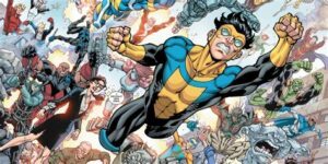 Invincible surrounded by many other costumed superheroes and villains