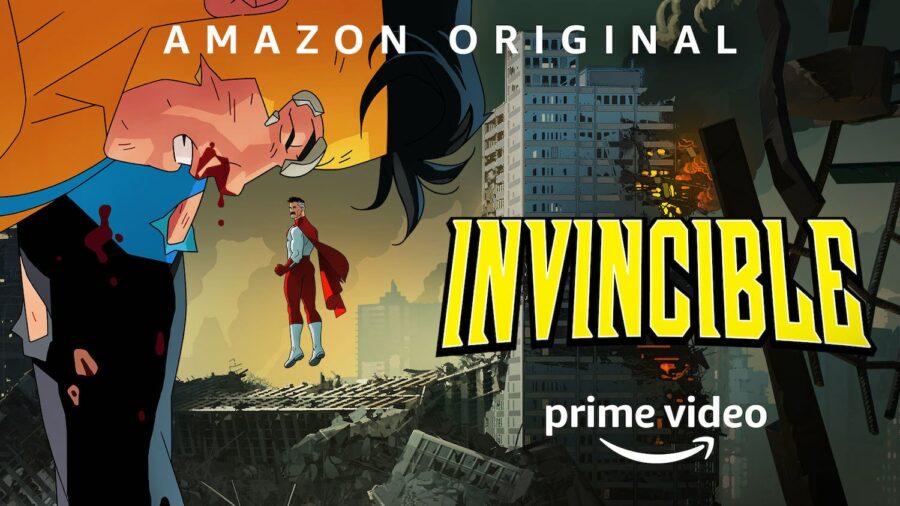 Show poster for Amazon Prime's Invincible. Mark is kneeling and bloody in the foreground while his father looks on surrounded by destruction in the background