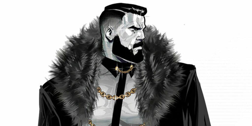 Colossus in metal form wearing a beard and heavy coat