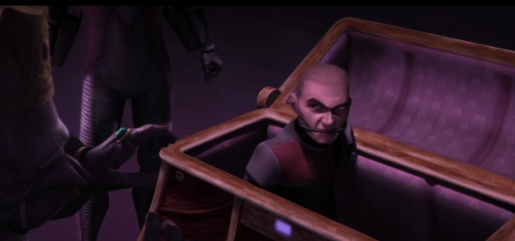 Last scene featuring Boba in the Clone Wars episode, "Bounty". He is gagged and sitting in a cargo container.