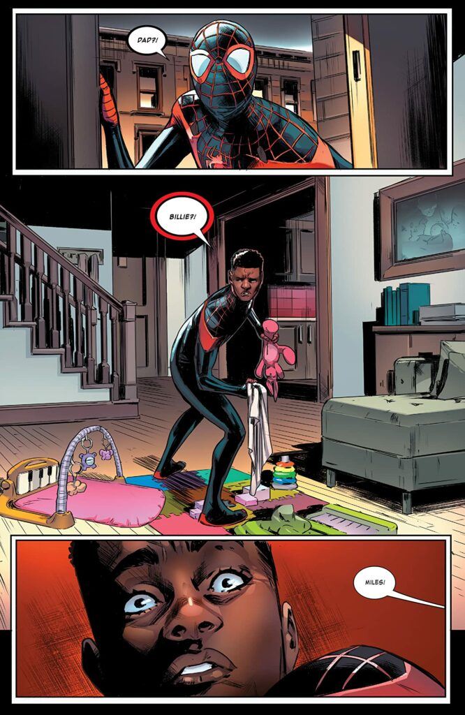 Three panels from Clone Saga. Miles returns home to an empty house in his Spider suit. He calls for his dad and his sister, but is greeted by an off panel figure who frightens him.