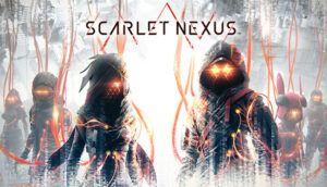 Scarlet Nexus promo pic. Several figures in silhouette with glowing orage eyes and orange cables connecting them.