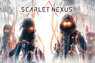 Scarlet Nexus promo pic. Several figures in silhouette with glowing orage eyes and orange cables connecting them.