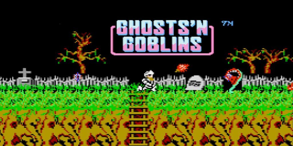 Ghosts'n Goblins start screen. 2D sidescroller from Capcom. Very goth vibes.