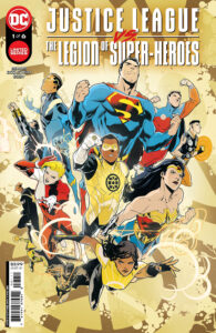 Justice League and Legion of Superheroes members in a classic cover pose.