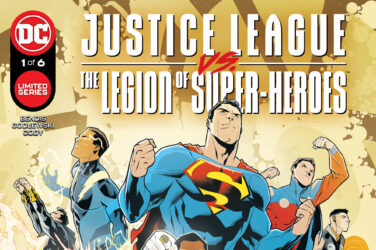 Justice League and Legion of Superheroes members in a classic cover pose.