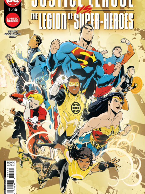 Justice League and Legion of Superheroes members in a classic cover pose.
