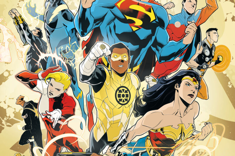 Justice League and Legion of Superheroes members in a classic cover pose.