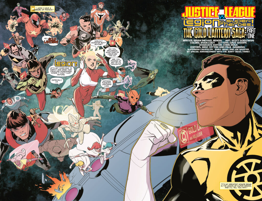 Gold Lantern in the foreground on the right, with s few dozen member of the Justice Leage and the Legion of Superheroes mid-flight on the left.