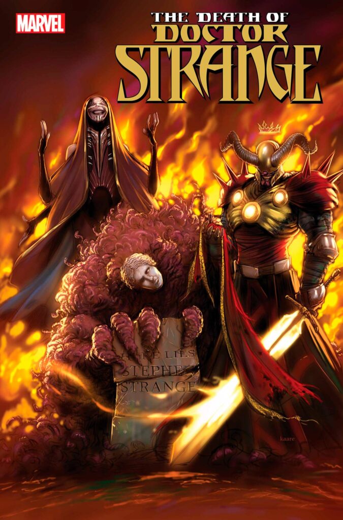 The mothers - three terrifying figures - stand over the grave of Dr. Strange