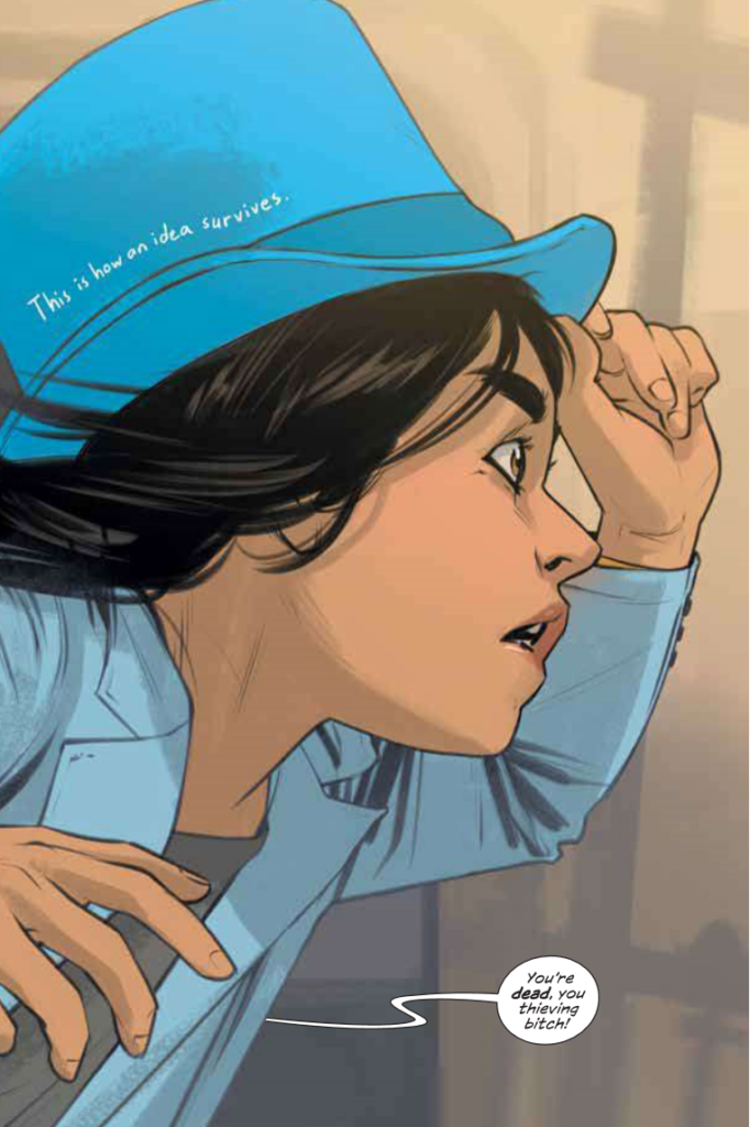 Hazel running away in a blue top hat in a panel from Saga #55