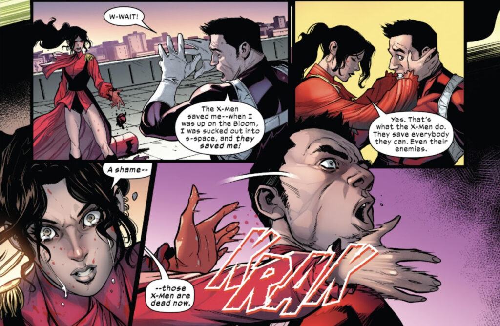 Kitty Pryde snaps an Orchis members neck