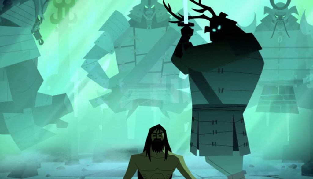 Samurai Jack preparing to commit seppuku with The Omen as his second