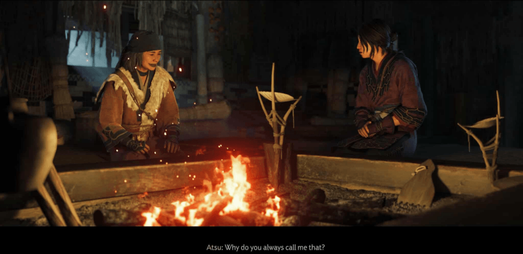 Ghost of Yōtei: Atsu sitting with Huci of the Ainu people